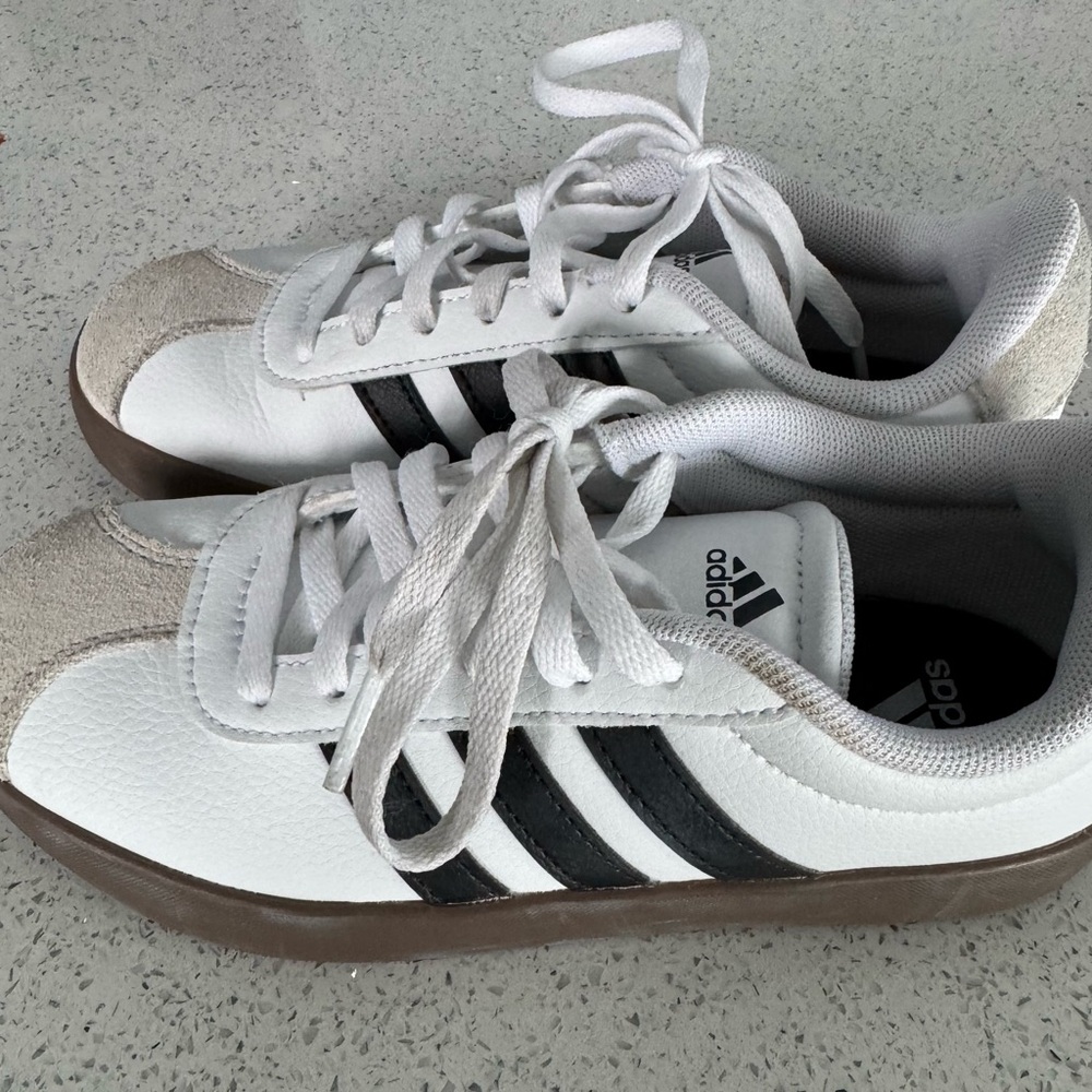 Adidas White and Black Trainers with Tan Accents